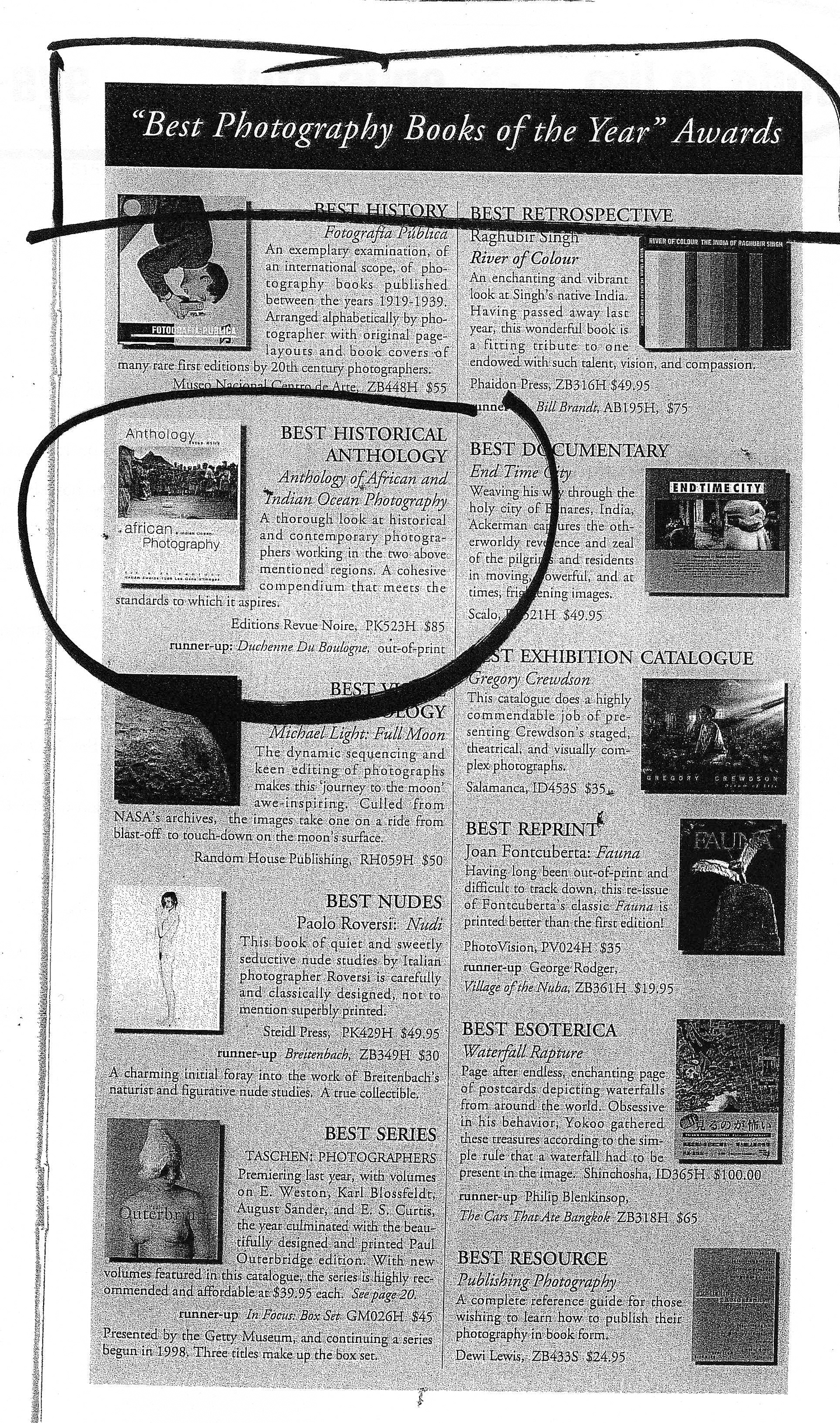 REVUE NOIRE revue de presse: New York Times dec 1999 Best Photographic Books of the Year Awards 1999: Anthology of African Photography, Revue Noire-DAP éditions