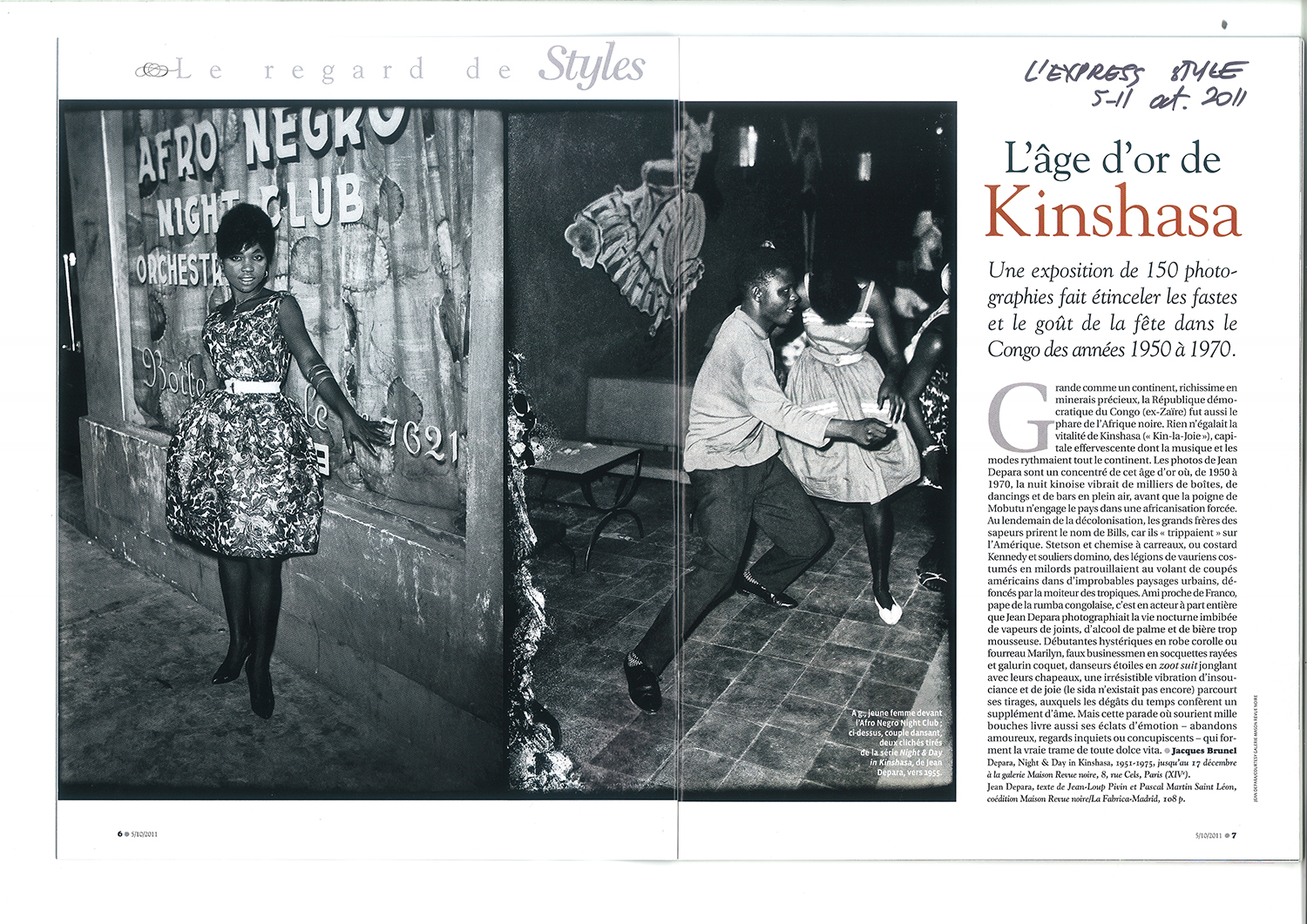 Revue Noire revue de presse: L'Express, octobre 2011 par Jacques Brunel. L'âge d'or de Kinshasa, les photos de Jean Depara, 1955-1965, RDCongo