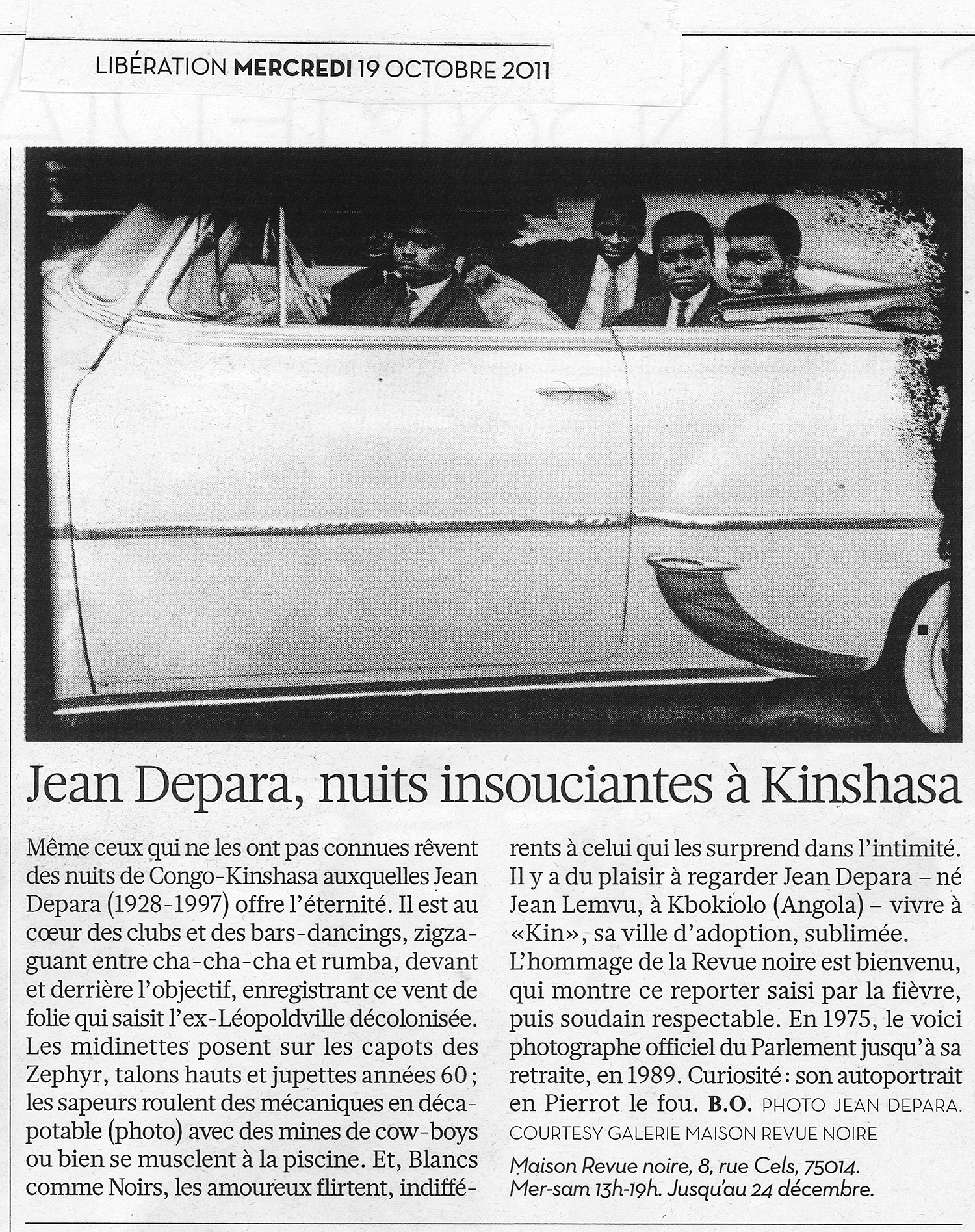 Revue Noire revue de presse: Le Monde octobre 2011, par Brigitte Olier. Jean Depara, nuits insouciantes à Kinshasa, expo Jean Depara