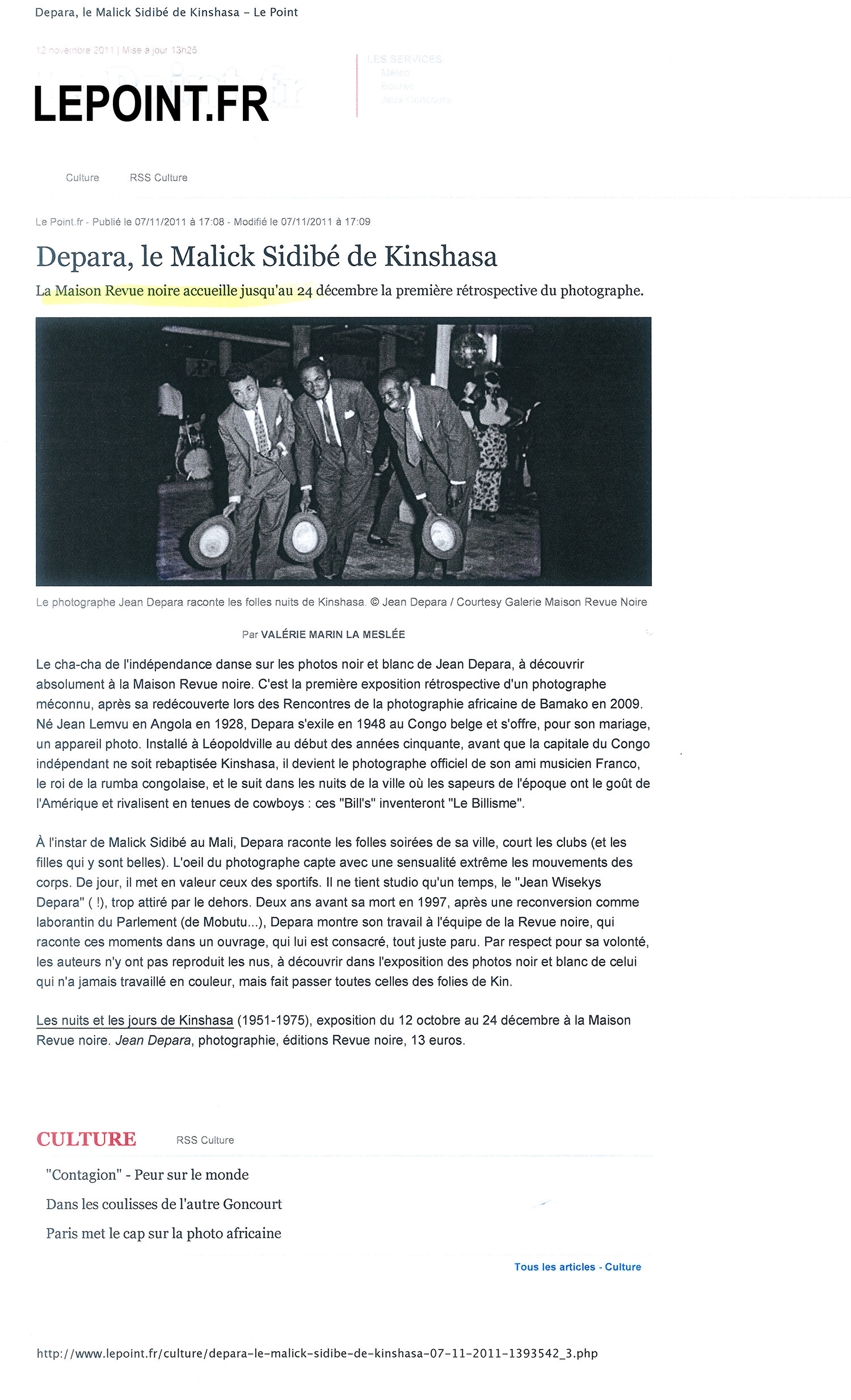 Revue Noire revue de presse Le Point.fr : Depara, le Malick Sidibé de Kinshasa, RDCongo, 1955-1965, livre et expo de Revue Noire