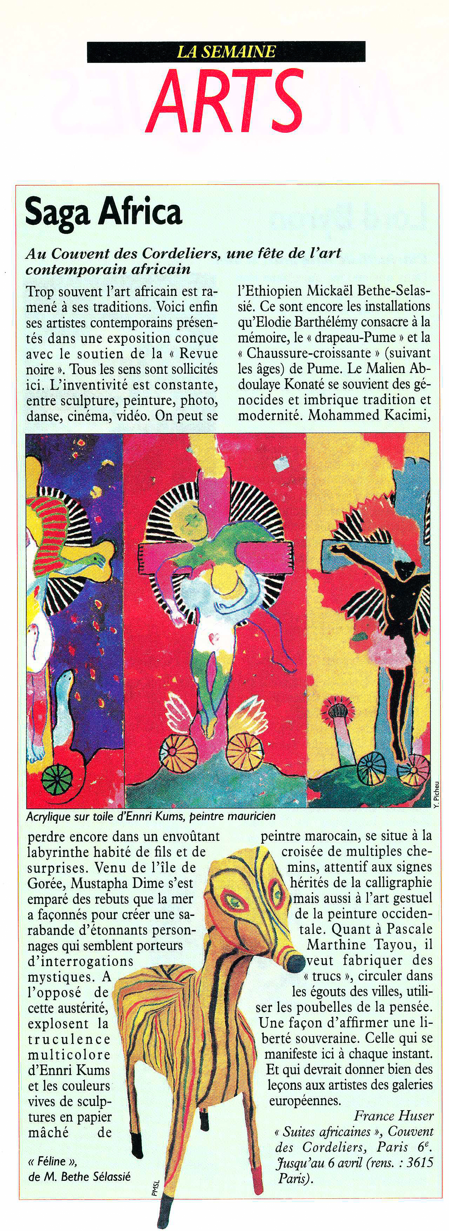 REVUE NOIRE revue de presse: Le Nouvel Observateur, mars 1997 par France Huser. Saga Africa au Couvent des Cordeliers, exposition