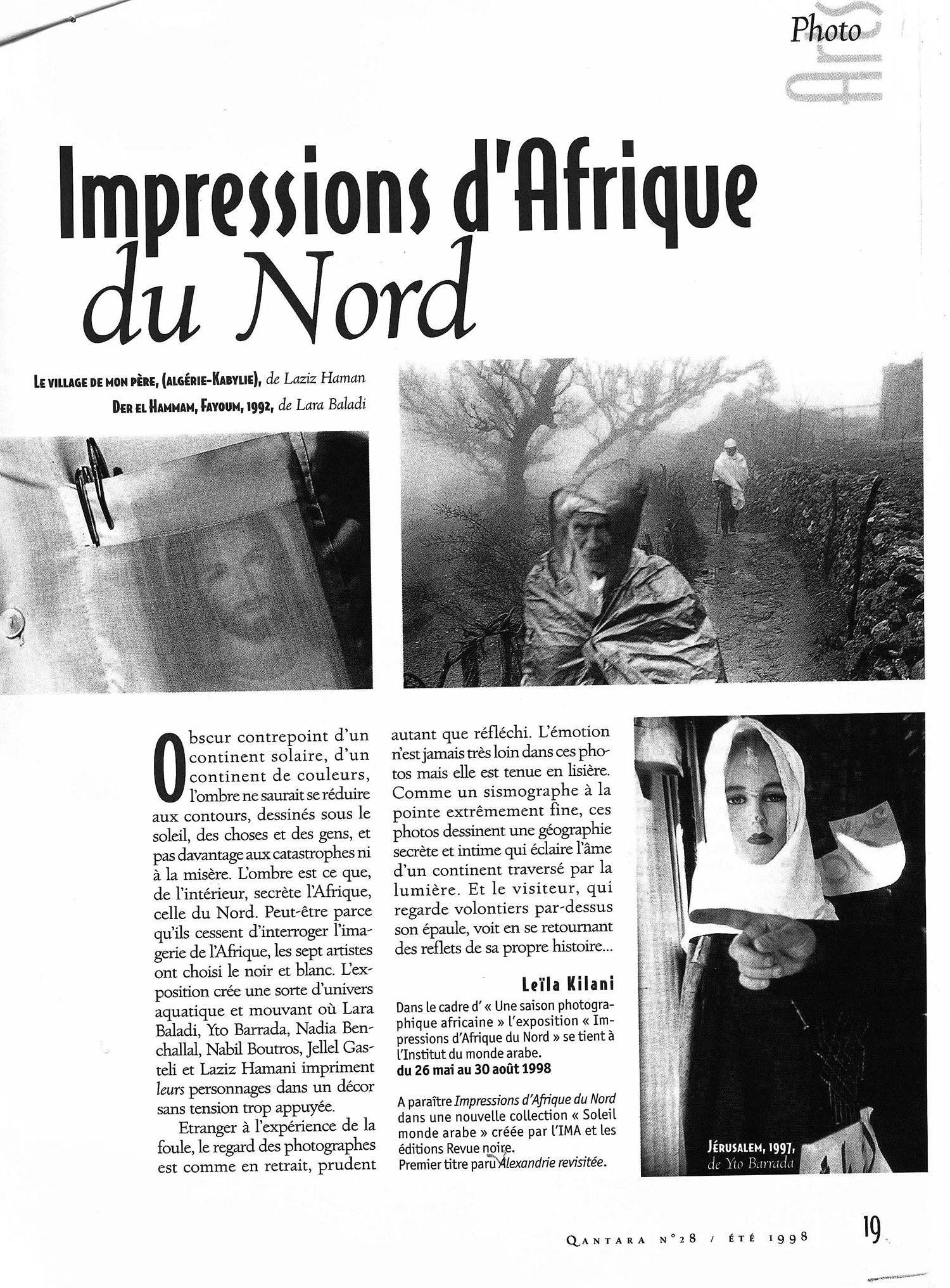 REVUE NOIRE revue de presse: Qantara juin 1998 par Leïla Kilani. Impressions d'Afrique du Nord, exposition à l'IMA et livre Revue Noire