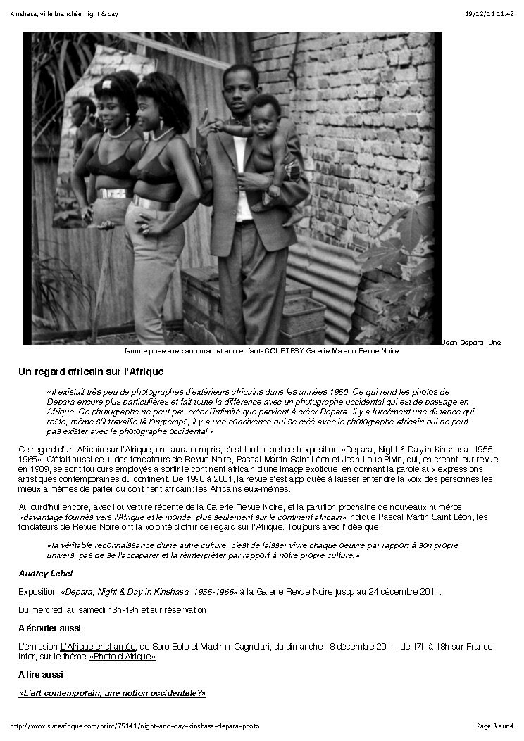 REVUE NOIRE revue de presse: Slate dec 2011 par Audrey Lebel. Kinshasa, ville branchée jours et nuits. Monographie de Jean Depara, photographe, RDCongo