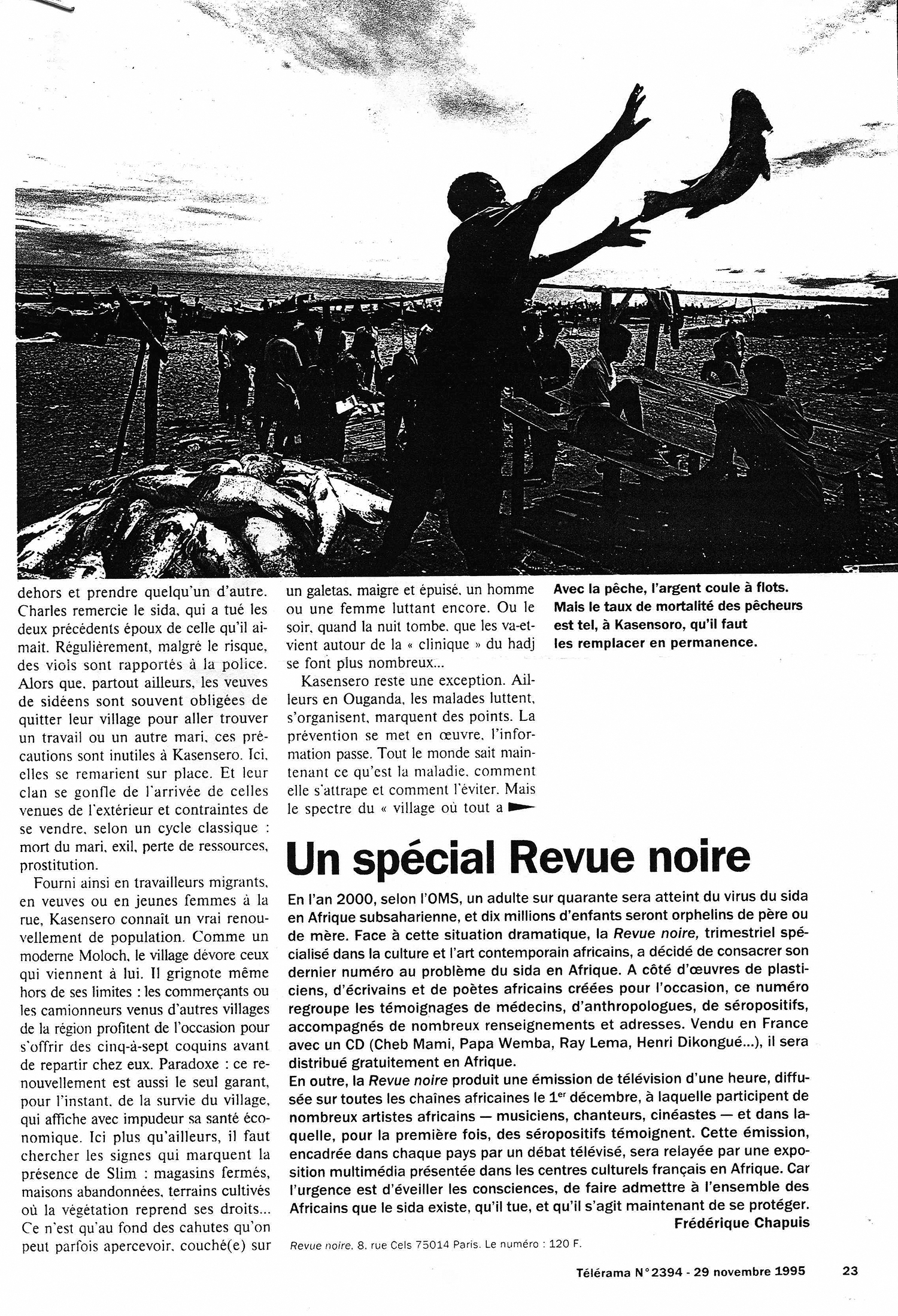 REVUE NOIRE revue de presse: Télérama nov 1995, par Frédérique Chapuis. Spécial Revue Noire RN19: Les artistes africains et le sida